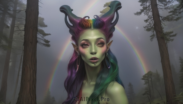 1girl,solo,long hair,looking at viewer,brown eyes,jewelry,upper body,purple hair,multicolored hair,earrings,parted lips,green hair,horns,pointy ears,tears,tree,lips,makeup,colored skin,leaf,lipstick,monster girl,nature,forest,rain,realistic,nose,green skin,rainbow,plant girl,two-tone hair,no humans,piercing,freckles