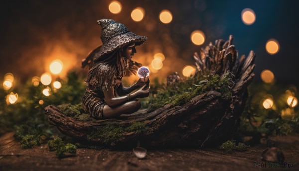 1girl,solo,long hair,black hair,hat,dress,holding,sitting,outdoors,barefoot,blurry,from side,profile,witch hat,depth of field,blurry background,plant,nature,fantasy,witch,indian style,tribal,jewelry,closed eyes,artist name,dark skin,bracelet,dark-skinned female,squatting,grass,scenery,orb,moss,log,crystal ball