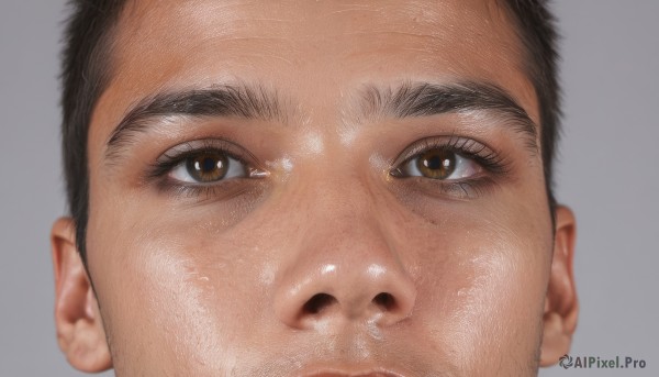 solo,looking at viewer,short hair,simple background,black hair,1boy,brown eyes,male focus,grey background,blurry,thick eyebrows,portrait,close-up,realistic,very short hair,shiny,facial hair,eye focus