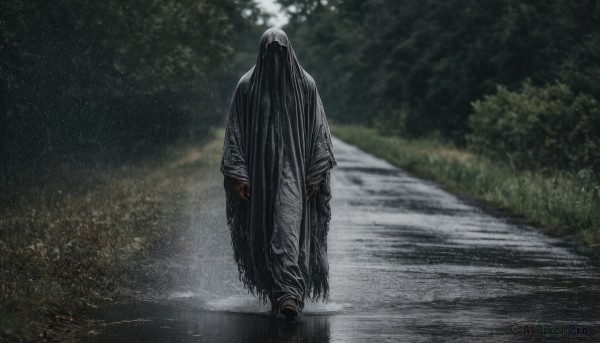 solo,long hair,black hair,long sleeves,1boy,very long hair,standing,male focus,outdoors,japanese clothes,kimono,from behind,blurry,tree,nature,1other,forest,walking,monster,robe,road,bush,photo background,horror (theme),full body,black footwear,wet,torn clothes,blurry background,grass,facing viewer,absurdly long hair