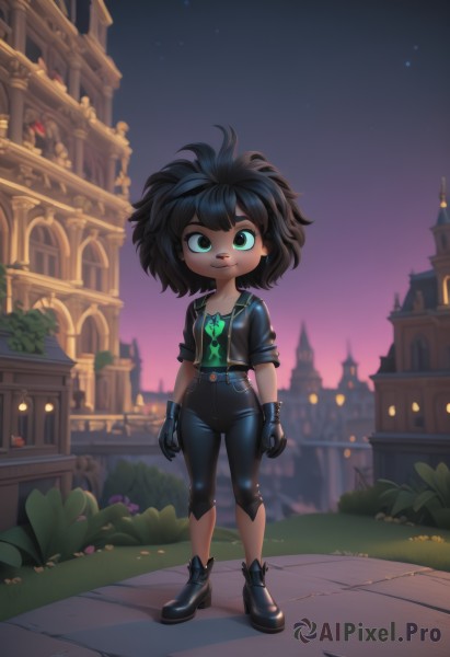 1girl,solo,looking at viewer,smile,short hair,shirt,black hair,gloves,jewelry,green eyes,standing,collarbone,jacket,full body,earrings,boots,outdoors,open clothes,sky,shoes,black gloves,pants,artist name,signature,dark skin,medium hair,black footwear,open jacket,dark-skinned female,black jacket,night,black pants,piercing,grass,building,messy hair,ear piercing,star (sky),night sky,starry sky,leather,print shirt,leather jacket,leather pants,bangs,short sleeves,parted lips,teeth,high heels,zipper,cropped jacket,green shirt,bush