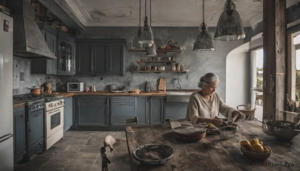 1girl,solo,short hair,brown hair,shirt,gloves,long sleeves,1boy,holding,standing,white shirt,male focus,food,day,indoors,hair bun,apron,window,single hair bun,steam,scenery,plate,bowl,wooden floor,basket,bread,old,old man,cooking,ladle,kitchen,jar,frying pan,sink,counter,cabinet,stove,cutting board,white hair,cup,fruit,facial hair,bird,table,knife,plant,beard,lamp,kettle