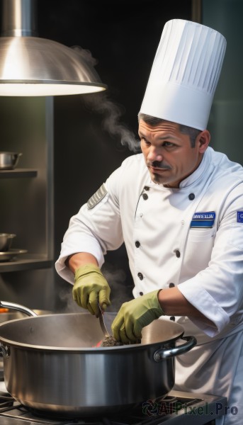 solo,short hair,gloves,1boy,hat,holding,brown eyes,grey hair,male focus,food,indoors,apron,buttons,facial hair,white headwear,steam,beard,smoke,realistic,smoking,double-breasted,old,old man,cooking,kitchen,chef hat,chef,stove,black hair,long sleeves,standing,uniform,lips,nose,mustache,yellow gloves,american flag,leather gloves