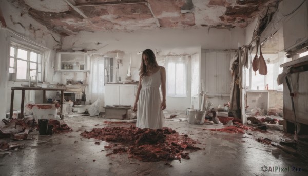 1girl,solo,long hair,brown hair,black hair,dress,bare shoulders,standing,sleeveless,indoors,white dress,bare arms,window,blood,sleeveless dress,arms at sides,bucket,blood on clothes,blood splatter,kitchen,death,horror (theme),sink,corpse,chair,table,curtains,frying pan,cabinet,stove,cutting board,cleaver