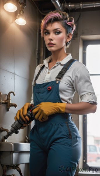 1girl,solo,looking at viewer,short hair,brown hair,shirt,black hair,gloves,holding,brown eyes,jewelry,standing,white shirt,pink hair,multicolored hair,cowboy shot,earrings,parted lips,collared shirt,indoors,black eyes,two-tone hair,lips,makeup,buttons,piercing,lipstick,ear piercing,sleeves rolled up,freckles,realistic,nose,overalls,very short hair,undercut,yellow gloves,light bulb,blue overalls,pants,dress shirt,scar,denim,web address,brown gloves,orange gloves