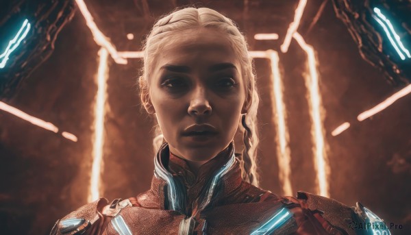 1girl,solo,long hair,looking at viewer,blue eyes,blonde hair,closed mouth,upper body,braid,white hair,dark skin,armor,lips,bodysuit,makeup,portrait,science fiction,realistic,short hair,glowing,backlighting,freckles,electricity,laser