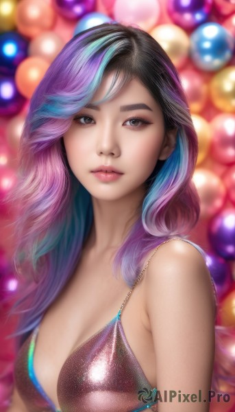 1girl,solo,long hair,breasts,looking at viewer,black hair,cleavage,bare shoulders,brown eyes,medium breasts,closed mouth,blue hair,swimsuit,upper body,pink hair,purple hair,bikini,multicolored hair,artist name,blurry,two-tone hair,lips,blurry background,watermark,bikini top only,realistic,nose,bangs,parted lips,shiny,bra,streaked hair,eyelashes,makeup,depth of field,thick eyebrows,web address,lens flare,bokeh