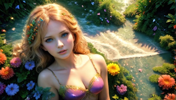 HQ,1girl,solo,long hair,breasts,looking at viewer,blue eyes,blonde hair,hair ornament,cleavage,bare shoulders,medium breasts,underwear,collarbone,swimsuit,upper body,flower,bikini,small breasts,outdoors,parted lips,day,hair flower,water,bra,lips,petals,eyelashes,leaf,from above,wavy hair,beach,sunlight,plant,nature,curly hair,realistic,nose,pink bikini,shade,head wreath,dappled sunlight,orange flower,blush,lying,ocean,bikini top only,blue flower,sand,purple bikini,hibiscus,shore