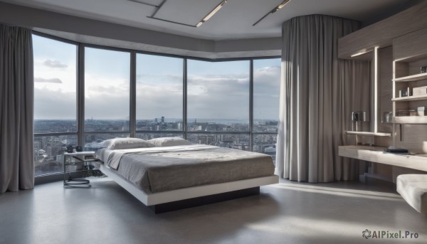 sky,day,cloud,indoors,blue sky,pillow,book,no humans,window,bed,shadow,on bed,chair,table,cloudy sky,curtains,building,scenery,city,lamp,cityscape,bedroom,skyline,hospital bed,cup,ocean,desk,wooden floor,landscape