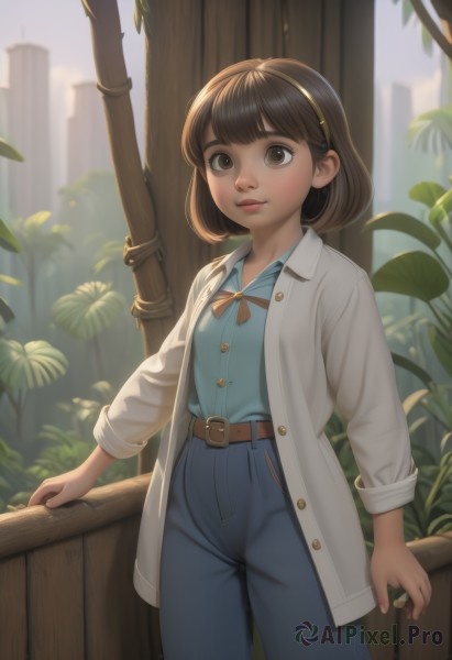 1girl,solo,looking at viewer,smile,short hair,bangs,brown hair,shirt,long sleeves,brown eyes,closed mouth,standing,jacket,cowboy shot,hairband,outdoors,open clothes,day,collared shirt,belt,pants,tree,lips,buttons,blurry background,white jacket,blue shirt,plant,denim,building,jeans,nose,fence,railing,unbuttoned,blue pants,female child,brown belt,blush,ribbon,parted lips,bob cut,realistic