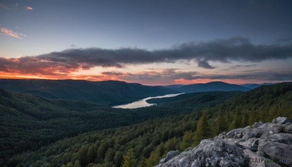 outdoors,sky,cloud,tree,blue sky,no humans,cloudy sky,grass,star (sky),nature,scenery,forest,sunset,rock,mountain,horizon,river,landscape,mountainous horizon,gradient sky,hill,night,starry sky,sunrise