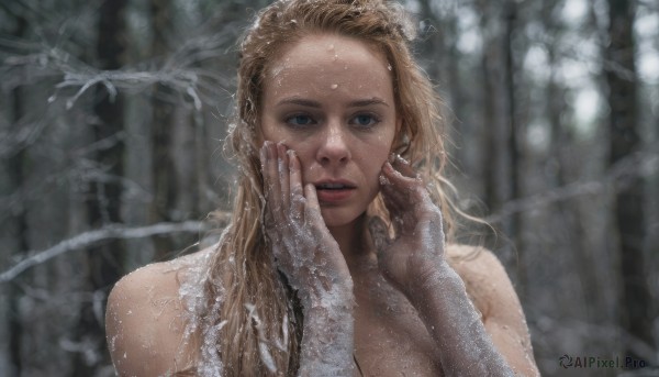 1girl,solo,long hair,breasts,looking at viewer,blue eyes,blonde hair,gloves,cleavage,bare shoulders,upper body,nude,parted lips,water,blurry,lips,wet,hands up,blurry background,steam,snow,freckles,realistic,bathing,hands on own face,wet hair,showering,open mouth,brown hair,dress,jewelry,earrings,elbow gloves,white gloves,portrait,lace gloves