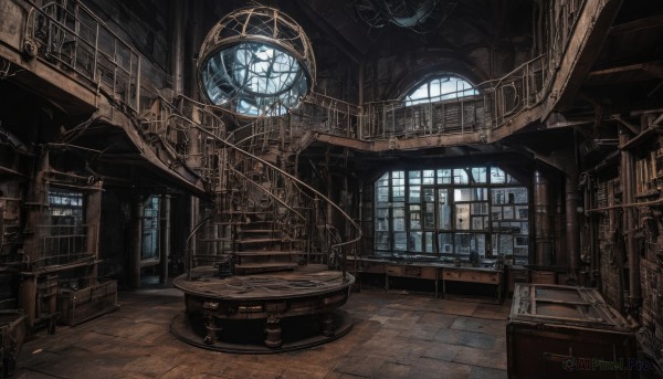 indoors,book,no humans,window,chair,scenery,wooden floor,stairs,fantasy,door,railing,clock,bookshelf,architecture,gears,library,arch,day,table,tile floor,chandelier