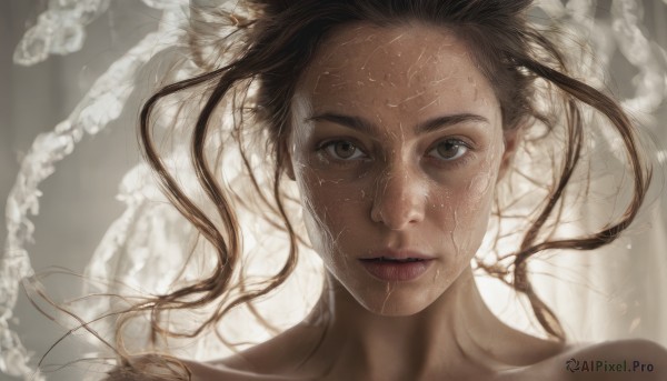 1girl,solo,long hair,looking at viewer,brown hair,bare shoulders,brown eyes,collarbone,parted lips,dark skin,blurry,dark-skinned female,lips,wet,floating hair,sunlight,portrait,realistic,black hair,sweat,eyelashes,messy hair,close-up,freckles