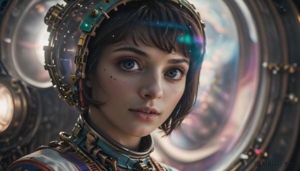 1girl,solo,looking at viewer,short hair,bangs,brown hair,black hair,parted lips,teeth,artist name,blurry,black eyes,lips,grey eyes,eyelashes,depth of field,blurry background,portrait,close-up,freckles,reflection,science fiction,realistic,nose,spacesuit,space helmet,green eyes,mole,watermark,web address,gears