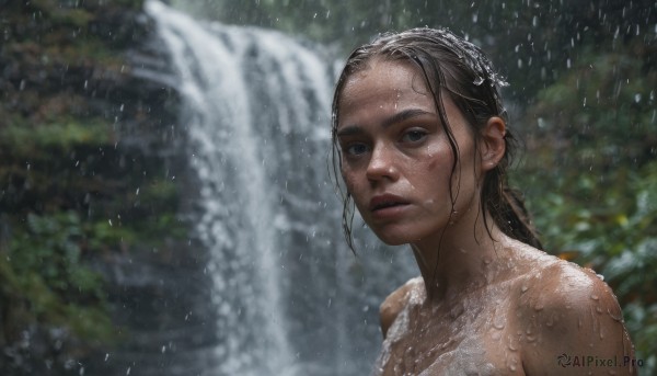 1girl, solo, long hair, breasts, looking at viewer, brown hair, black hair, upper body, nude, outdoors, parted lips, water, blurry, lips, wet, blurry background, rain, realistic, nose, wet hair, waterfall