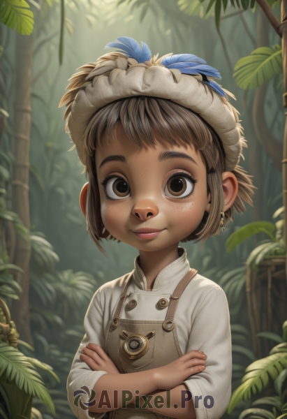 1girl,solo,looking at viewer,smile,short hair,bangs,brown hair,shirt,long sleeves,hat,brown eyes,jewelry,closed mouth,white shirt,upper body,earrings,outdoors,day,blurry,dark-skinned female,tree,blurry background,leaf,crossed arms,feathers,plant,child,nature,androgynous,forest,freckles,realistic,female child,overalls,lips,bamboo