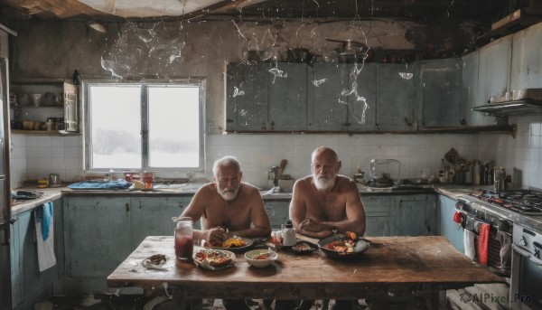 male focus,food,multiple boys,indoors,dark skin,2boys,cup,window,facial hair,table,dark-skinned male,bottle,knife,scenery,beard,plate,bowl,chopsticks,realistic,mustache,tiles,electricity,glass,bald,old,rice,egg,old man,cooking,lightning,tile wall,kitchen,frying pan,sink,cutting board,sitting,white hair,grey hair,eating,topless male,counter,refrigerator