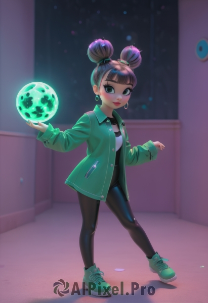 1girl,solo,looking at viewer,blush,smile,short hair,bangs,brown hair,shirt,hair ornament,long sleeves,jewelry,closed mouth,green eyes,standing,jacket,full body,white shirt,purple hair,pantyhose,earrings,open clothes,shoes,shiny,collared shirt,artist name,indoors,blunt bangs,hair bun,blurry,open jacket,lips,sleeves past wrists,black pantyhose,double bun,makeup,blurry background,shadow,glowing,sneakers,green jacket,red lips,green footwear,orb,black hair,dress,pants,black eyes,black pants,lipstick,multicolored clothes,eyeshadow,hoop earrings,leggings,planet,multicolored jacket,black leggings