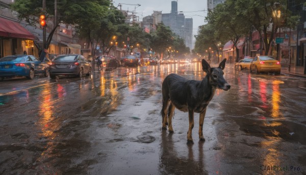 A majestic image of a dog in rainy outdoors