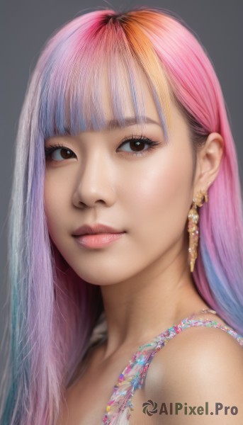 1girl,solo,long hair,looking at viewer,smile,bangs,blonde hair,simple background,bare shoulders,brown eyes,jewelry,upper body,pink hair,multicolored hair,earrings,parted lips,blunt bangs,grey background,two-tone hair,lips,gradient,gradient background,eyelashes,gradient hair,makeup,portrait,realistic,nose,rainbow hair,closed mouth,necklace