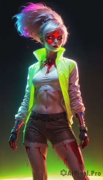 1girl,solo,long hair,breasts,looking at viewer,shirt,red eyes,gloves,navel,cleavage,jewelry,medium breasts,standing,jacket,ponytail,pink hair,white hair,multicolored hair,cowboy shot,earrings,parted lips,open clothes,shorts,midriff,belt,stomach,open jacket,lips,crop top,torn clothes,short shorts,blood,gradient hair,makeup,glowing,black shorts,abs,sunglasses,high ponytail,lipstick,buckle,eyeshadow,toned,high collar,blood on face,belt buckle,green jacket,nose,red lips,blood on clothes,tinted eyewear,cyborg,blood on hands,cyberpunk,red-tinted eyewear,blue hair,colored skin,backlighting,cropped jacket,realistic,bandaid on face,mechanical arms,cutoffs,big hair,glowing hair