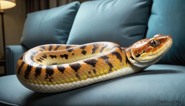 HQ,indoors,blurry,pillow,no humans,animal,couch,snake,realistic,lamp,scales,on couch,animal focus,cushion,oversized animal,closed mouth,lying,black eyes,bed,blurry background,chair,table,slit pupils