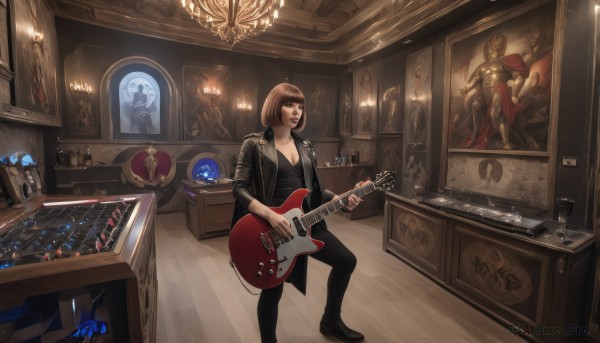 1girl,solo,breasts,short hair,bangs,brown hair,shirt,long sleeves,holding,cleavage,brown eyes,medium breasts,closed mouth,standing,collarbone,jacket,closed eyes,weapon,open clothes,shoes,pants,indoors,blunt bangs,black footwear,open jacket,lips,black jacket,black shirt,black pants,bob cut,bottle,instrument,realistic,nose,music,guitar,leather,photo (object),playing instrument,holding instrument,shelf,electric guitar,statue,leather jacket,painting (object),speaker,picture (object),plectrum,chandelier,amplifier,loaded interior,jewelry,makeup,crown,lipstick,wooden floor,candle,picture frame,sleeves pushed up