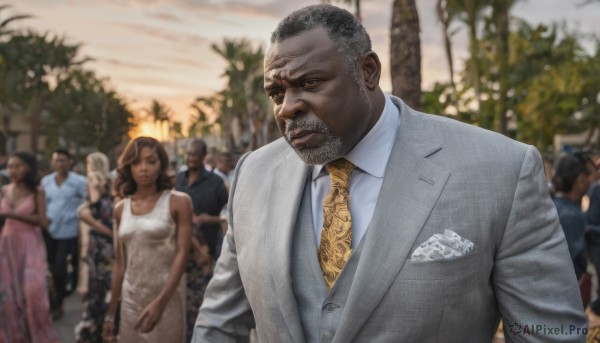 short hair,multiple girls,brown hair,shirt,black hair,long sleeves,1boy,dress,jacket,white shirt,upper body,male focus,outdoors,multiple boys,necktie,sleeveless,solo focus,collared shirt,dark skin,white dress,blurry,dark-skinned female,tree,blurry background,facial hair,formal,dark-skinned male,suit,pink dress,beard,realistic,grey jacket,bald,very short hair,manly,yellow necktie,very dark skin,photo background,leopard print,looking at viewer,closed mouth,vest,6+girls,6+boys,mustache,crowd,grey vest,buzz cut,people