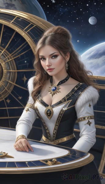 1girl,solo,long hair,breasts,looking at viewer,smile,brown hair,long sleeves,dress,cleavage,brown eyes,jewelry,medium breasts,earrings,choker,necklace,star (symbol),black dress,lips,fur trim,makeup,wavy hair,moon,table,gem,star (sky),gold trim,realistic,nose,clock,red lips,space,planet,earth (planet),constellation,globe,sitting