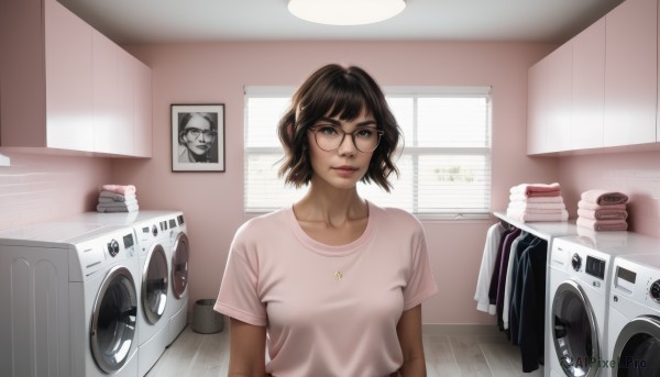 1girl,solo,breasts,looking at viewer,short hair,bangs,brown hair,shirt,black hair,brown eyes,closed mouth,collarbone,white shirt,upper body,short sleeves,small breasts,glasses,indoors,lips,window,ground vehicle,t-shirt,motor vehicle,black-framed eyewear,pink shirt,realistic,nose,round eyewear,photo (object),kitchen,washing machine,medium breasts,standing,parted lips,day,black eyes,towel,arms at sides