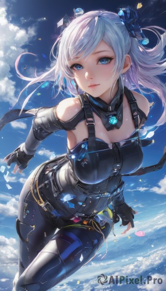 1girl,solo,long hair,breasts,looking at viewer,blush,smile,bangs,blue eyes,large breasts,hair ornament,gloves,cleavage,bare shoulders,jewelry,medium breasts,closed mouth,blue hair,collarbone,white hair,earrings,outdoors,parted lips,detached sleeves,sky,day,black gloves,shiny,belt,pants,cloud,fingerless gloves,blue sky,lips,petals,clothing cutout,bodysuit,detached collar,floating hair,swept bangs,thigh gap,cloudy sky,floating,science fiction,multicolored hair,two side up,cleavage cutout,gem,skin tight,black bodysuit,blue bodysuit