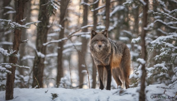 outdoors, blurry, tree, no humans, bird, animal, nature, scenery, snow, forest, realistic, animal focus, winter