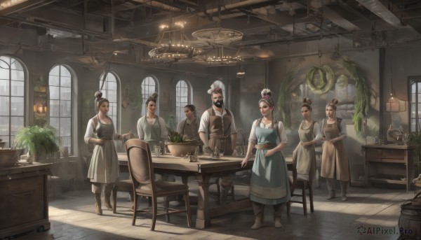 long hair,smile,short hair,multiple girls,brown hair,shirt,black hair,hair ornament,gloves,long sleeves,hat,dress,2girls,sitting,standing,flower,white hair,boots,multiple boys,belt,indoors,hair flower,3girls,hair bun,apron,vest,cup,window,facial hair,chair,brown footwear,table,sunlight,single hair bun,3boys,plant,scenery,beard,plate,sleeves rolled up,tray,6+boys,4boys,mustache,potted plant,lamp,teapot,old,stool,old man,shelf,counter,ceiling light,cafe,chandelier,wooden table,4girls,realistic,fantasy,bald,chef hat,wooden chair