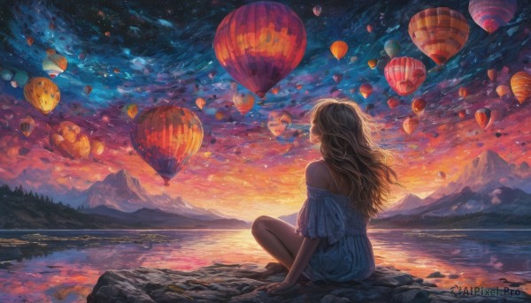 1girl, solo, long hair, blonde hair, brown hair, dress, bare shoulders, sitting, short sleeves, outdoors, sky, barefoot, cloud, water, off shoulder, from behind, white dress, dutch angle, night, cloudy sky, star (sky), night sky, scenery, starry sky, reflection, sunset, lantern, rock, mountain, off-shoulder dress, horizon, facing away, twilight, paper lantern, evening, mountainous horizon, lake