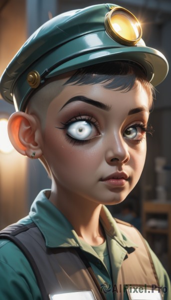 1girl,solo,looking at viewer,short hair,blue eyes,shirt,black hair,1boy,hat,jewelry,closed mouth,upper body,male focus,earrings,collared shirt,artist name,indoors,mole,blurry,uniform,vest,lips,grey eyes,eyelashes,mole under eye,blurry background,goggles,portrait,androgynous,freckles,realistic,nose,green headwear,green shirt,stud earrings,brown hair,military,military uniform,makeup,thick eyebrows,close-up,very short hair,police,police uniform,policewoman,mascara,mole on cheek