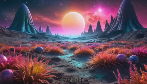 outdoors,sky,cloud,water,tree,no humans,night,moon,grass,star (sky),nature,night sky,scenery,full moon,starry sky,rock,mountain,planet,landscape,red sky,purple sky,cloudy sky,fantasy,sun,horizon,mountainous horizon,shooting star