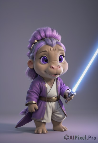 solo,smile,open mouth,simple background,1boy,holding,standing,purple eyes,full body,ponytail,weapon,purple hair,male focus,belt,sword,grey background,holding weapon,coat,cosplay,parody,holding sword,furry,robe,furry male,energy sword,lightsaber,1girl,animal ears,tail,horns,barefoot,artist name,fusion