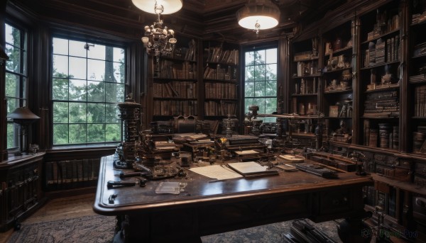 day,indoors,tree,book,no humans,window,chair,table,sunlight,plant,scenery,desk,wooden floor,paper,bookshelf,lamp,candle,shelf,book stack,library,candlestand,chandelier,globe