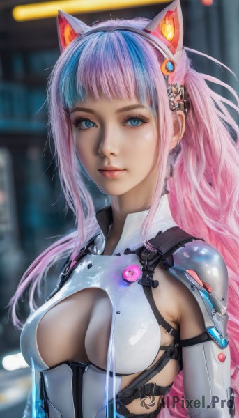 1girl,solo,long hair,breasts,looking at viewer,smile,bangs,blue eyes,animal ears,cleavage,medium breasts,closed mouth,blue hair,upper body,ponytail,pink hair,multicolored hair,cat ears,blurry,two-tone hair,lips,streaked hair,see-through,clothing cutout,bodysuit,makeup,blurry background,fake animal ears,halo,skin tight,hair ornament,sidelocks,hairband,artist name,blunt bangs,armor,eyelashes,gradient hair,depth of field,cleavage cutout,eyeshadow,science fiction,pink lips,realistic,nose,animal ear headphones,cat ear headphones