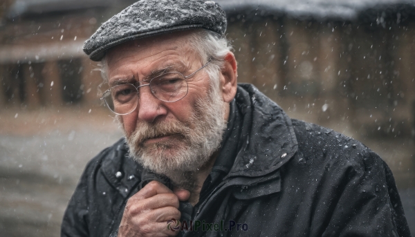 solo,1boy,hat,closed mouth,jacket,closed eyes,upper body,white hair,male focus,outdoors,glasses,blurry,coat,black jacket,blurry background,facial hair,beret,beard,snow,snowing,realistic,round eyewear,mustache,manly,old,old man,looking at viewer,short hair,hand up,lips,black headwear,depth of field,scar,thick eyebrows,portrait,nose,hand on own chin