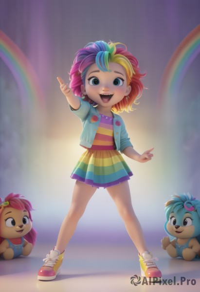 1girl,solo,long hair,looking at viewer,smile,short hair,open mouth,multiple girls,skirt,blonde hair,shirt,hair ornament,dress,jewelry,sitting,blue hair,standing,jacket,full body,pink hair,purple hair,:d,multicolored hair,pleated skirt,earrings,open clothes,shoes,teeth,striped,artist name,black eyes,arm up,two-tone hair,open jacket,streaked hair,blurry background,upper teeth only,pointing,sneakers,child,multicolored clothes,personification,female child,yellow skirt,rainbow,multicolored skirt,rainbow hair,multicolored stripes,blue eyes,1boy,signature,watermark,goggles,web address,furry,dual persona,freckles,goggles on head