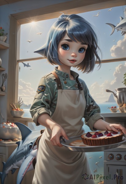 1girl,solo,looking at viewer,blush,smile,short hair,bangs,blue eyes,shirt,black hair,long sleeves,holding,closed mouth,blue hair,standing,tail,flower,cowboy shot,outdoors,parted lips,food,sky,teeth,day,tongue,collared shirt,artist name,cloud,indoors,signature,water,apron,blue sky,lips,window,fruit,swept bangs,bird,ocean,animal,sunlight,thick eyebrows,cloudy sky,blue shirt,knife,plant,white apron,plate,sleeves rolled up,backlighting,fish,cake,bowl,pocket,sunset,strawberry,spoon,green shirt,fork,sun,horizon,potted plant,fish tail,cooking,shark tail,kitchen,shark girl,seagull,frying pan,shark,spatula,whale,dolphin,cutting board,open mouth,watermark,bandaid,tray,freckles,nose,watercraft,ship,whisk,mixing bowl,stove,cactus