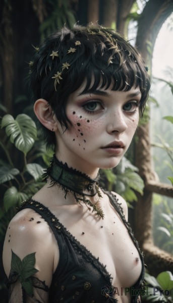 1girl,solo,breasts,looking at viewer,short hair,bangs,black hair,hair ornament,cleavage,bare shoulders,jewelry,closed mouth,nipples,green eyes,collarbone,upper body,earrings,small breasts,parted lips,choker,day,artist name,necklace,blurry,black eyes,black dress,tree,lips,eyelashes,no bra,blood,depth of field,blurry background,leaf,piercing,plant,freckles,realistic,nose,gothic,body freckles,dress,see-through,nature,blood on face,nipple slip