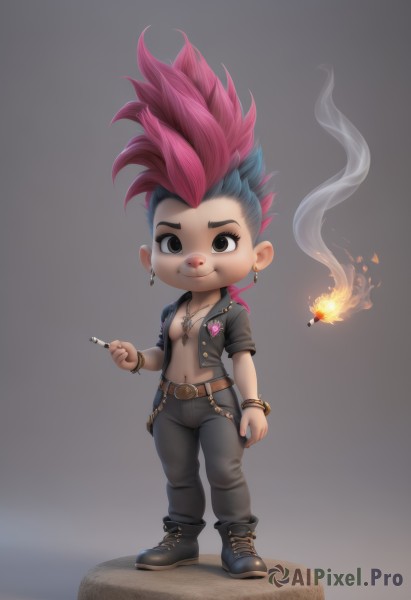 solo,looking at viewer,smile,simple background,black hair,1boy,navel,holding,brown eyes,jewelry,closed mouth,blue hair,standing,jacket,full body,pink hair,male focus,red hair,multicolored hair,earrings,boots,open clothes,belt,pants,artist name,grey background,necklace,chibi,black footwear,black eyes,bracelet,two-tone hair,open jacket,black jacket,muscular,black pants,piercing,abs,thick eyebrows,fire,pectorals,spiked hair,ear piercing,black nails,smoke,cigarette,belt buckle,smoking,brown belt,leather,undercut,holding cigarette,leather jacket,mohawk,faux figurine,1girl,breasts,short hair,cleavage,medium breasts,no bra,asymmetrical hair,nose piercing,lighter