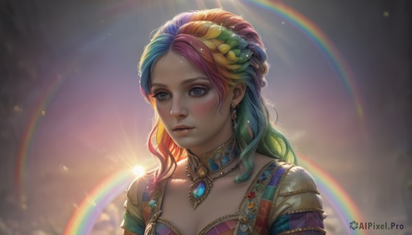 1girl,solo,long hair,breasts,blush,blue eyes,blonde hair,hair ornament,cleavage,jewelry,medium breasts,blue hair,collarbone,upper body,pink hair,braid,multicolored hair,earrings,outdoors,parted lips,green hair,choker,artist name,necklace,armor,blurry,two-tone hair,lips,eyelashes,gradient hair,makeup,blurry background,looking away,sunlight,shoulder armor,gem,portrait,web address,lens flare,eyeshadow,pauldrons,pink lips,realistic,nose,rainbow,green gemstone,rainbow hair,dress,sky,cloud,wavy hair,backlighting,sunset,sun