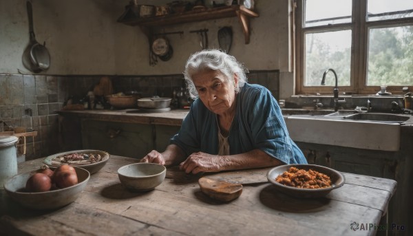 solo,looking at viewer,smile,short hair,1boy,closed mouth,upper body,white hair,male focus,food,japanese clothes,day,indoors,window,fruit,facial hair,scar,table,knife,bowl,realistic,basket,old,old man,cooking,ladle,kitchen,frying pan,sink,old woman,stove,soup,wrinkled skin,cutting board,1girl,sitting,apple