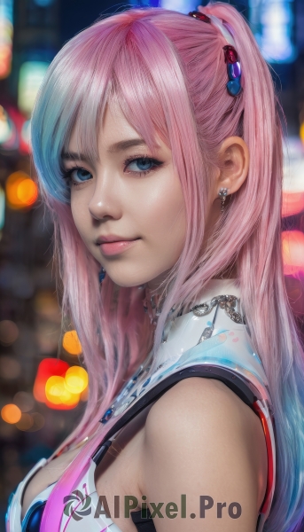 1girl,solo,long hair,breasts,looking at viewer,bangs,blue eyes,hair ornament,bare shoulders,jewelry,medium breasts,closed mouth,upper body,ponytail,pink hair,multicolored hair,earrings,sleeveless,necklace,blurry,from side,lips,eyelashes,gradient hair,makeup,depth of field,blurry background,realistic,nose,large breasts,cleavage,blue hair