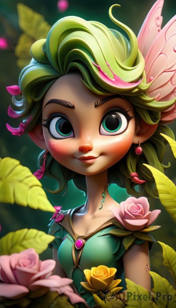 1girl,solo,breasts,looking at viewer,smile,short hair,hair ornament,dress,jewelry,closed mouth,green eyes,collarbone,upper body,flower,short sleeves,earrings,small breasts,green hair,wings,pointy ears,artist name,hair flower,blurry,lips,makeup,rose,leaf,plant,lipstick,gem,pink flower,freckles,green dress,yellow flower,red lips,fairy,pink rose,yellow rose,blue eyes,shirt,cleavage,multicolored hair,eyelashes,watermark,monster girl,web address,fairy wings