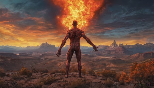 solo,1boy,standing,male focus,outdoors,sky,cloud,from behind,no humans,muscular,cloudy sky,fire,scenery,sunset,monster,mountain,explosion,landscape,burning,molten rock,full body,tree,nature,1other,fantasy,horizon,giant,mountainous horizon